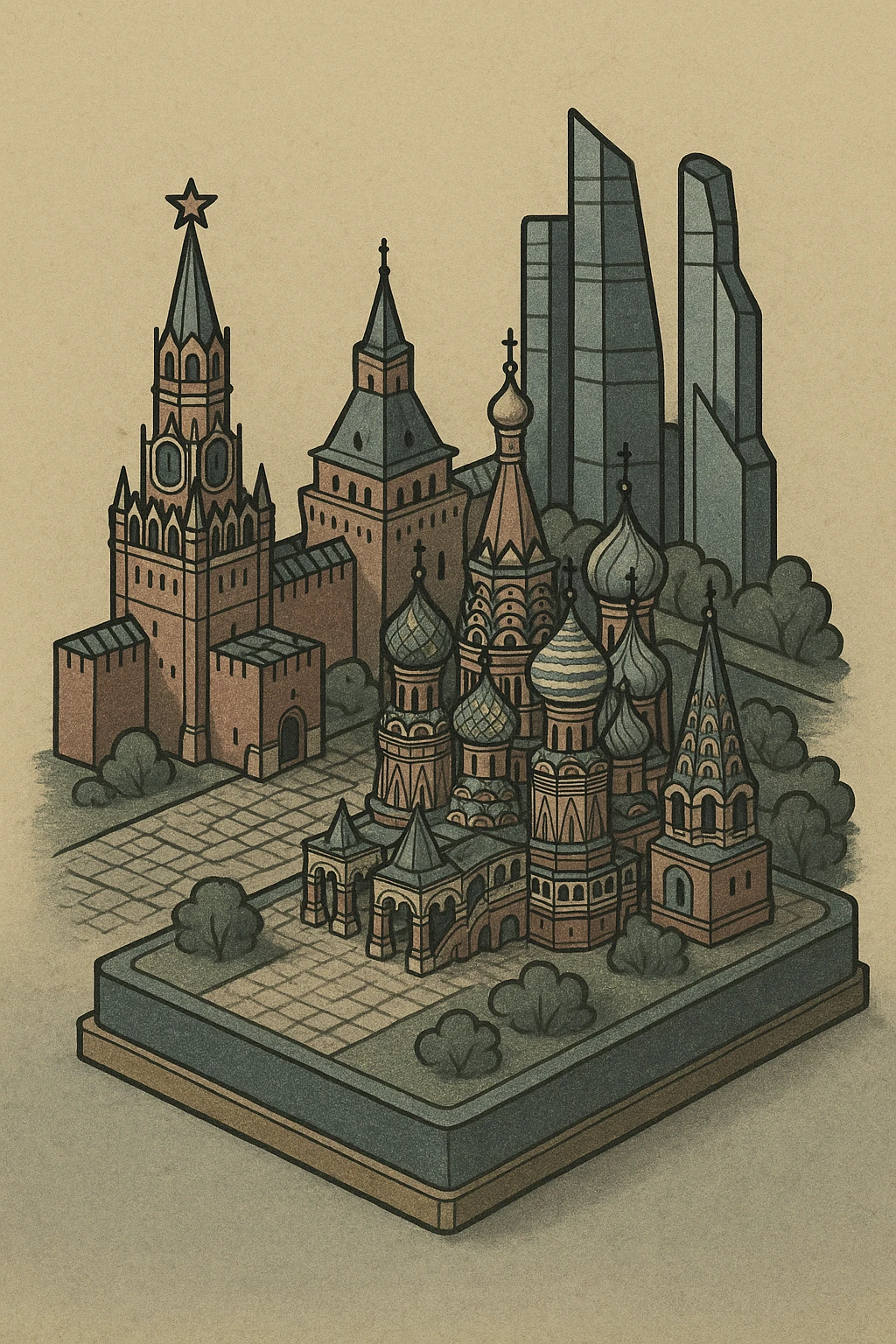Изометричная миниатюрная 3D модель Москвы на подставке - фотореалистичный Кремль, собор Василия Блаженного, Башни Москва-Сити, аккуратная детализация, яркие цвета, мультяшный реализм, компактная композиция,  вид сверху в изометрии emoji