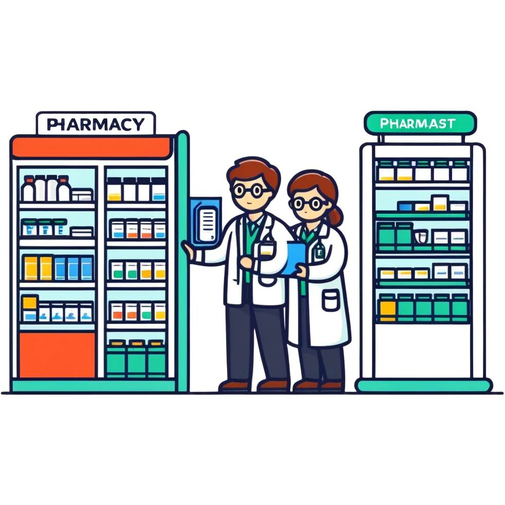 pharmacy shelves, pharmacist, sign emoji