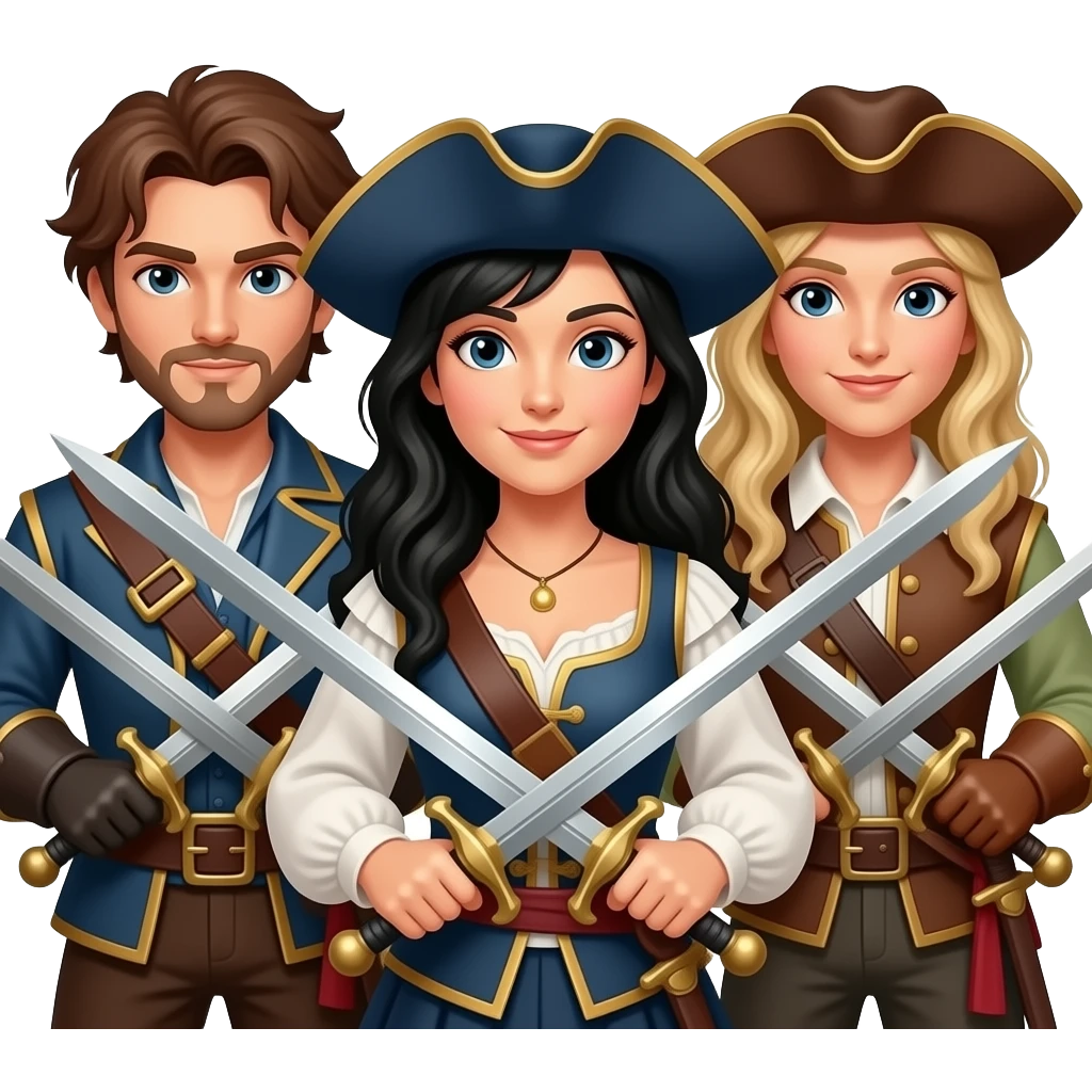 Three musketeers. One guy with brown hair, one girl with black hair and one girl with blond hair. They cross swords and they wear hats. emoji