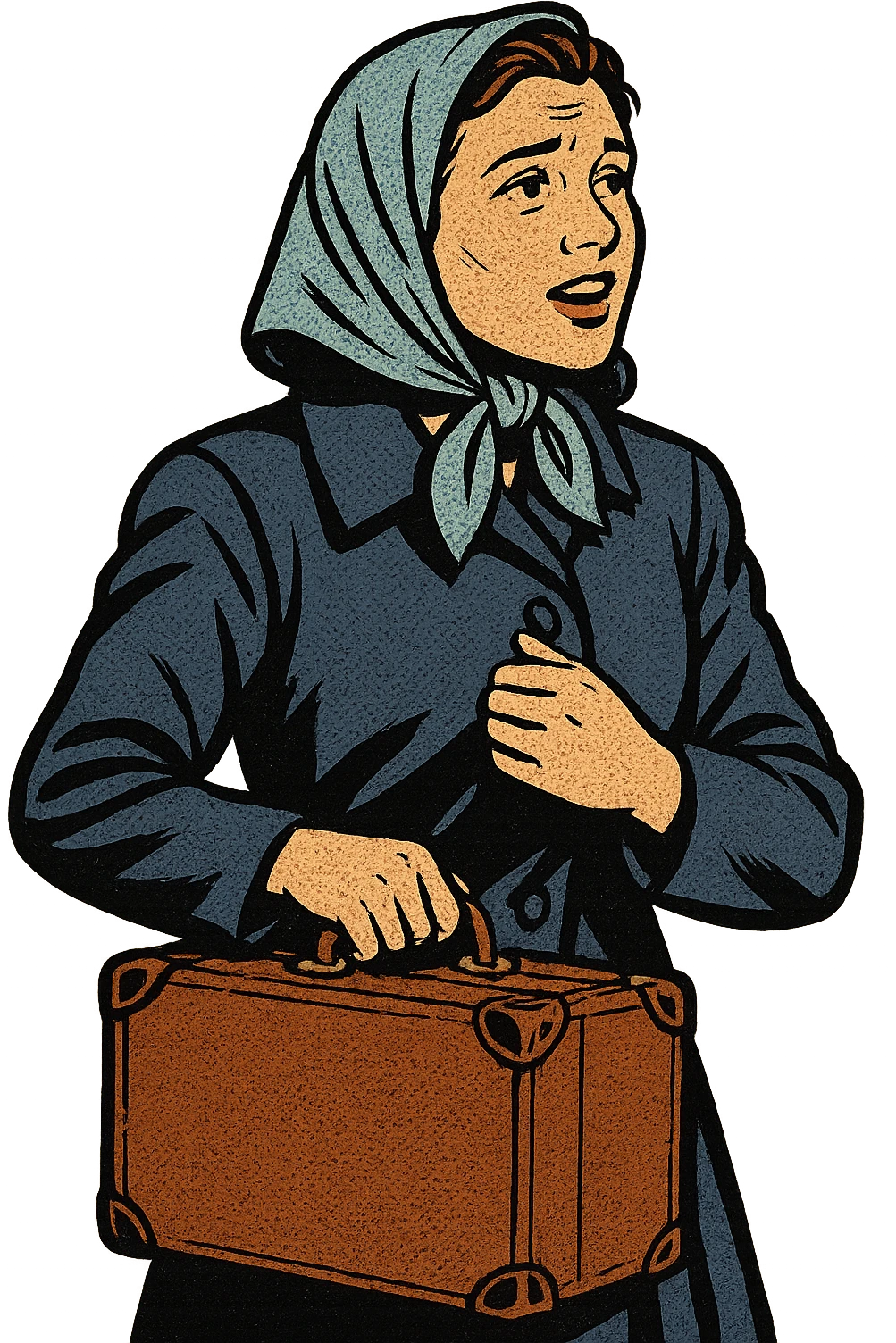A refugee woman from Eastern Europe in the 1950s carrying with them a small old brown suitcase and looking hopeful emoji