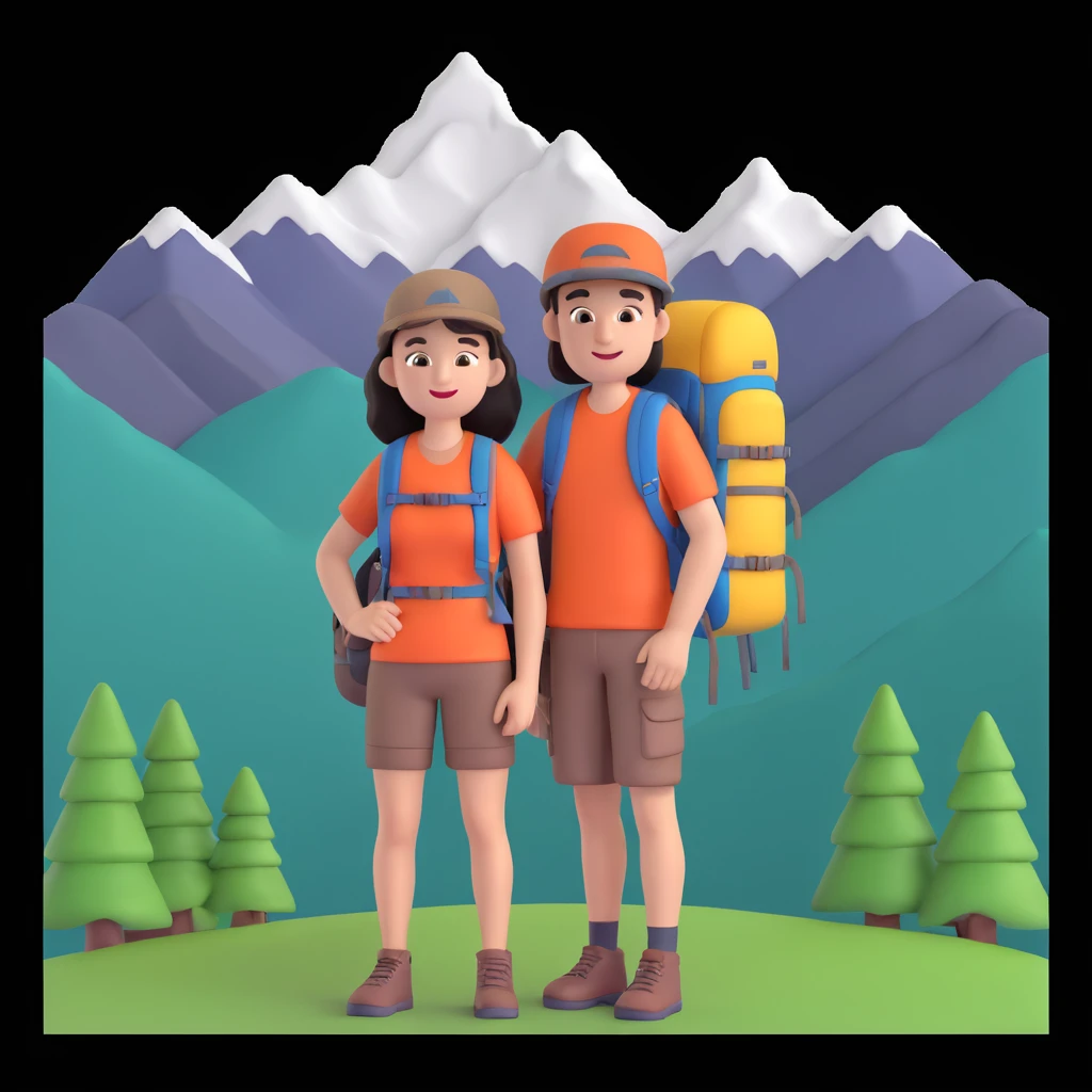 back packer couple posing, mountains in background,   close up pose emoji