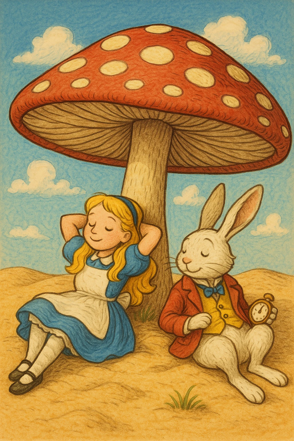Alice and the White Rabbit lounging on sand beneath a large red-and-white mushroom parasol, storybook style, cheerful, detailed, blue sky emoji