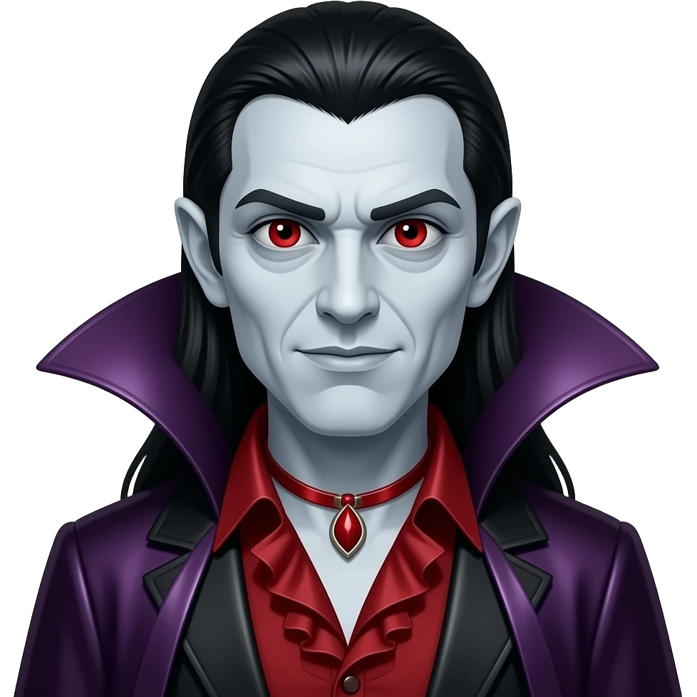 Count Dracula with pale-grey skin, red eyes, long black hair, dark red metallic ruffle shirt, red necklace, dark violet metallic cape emoji