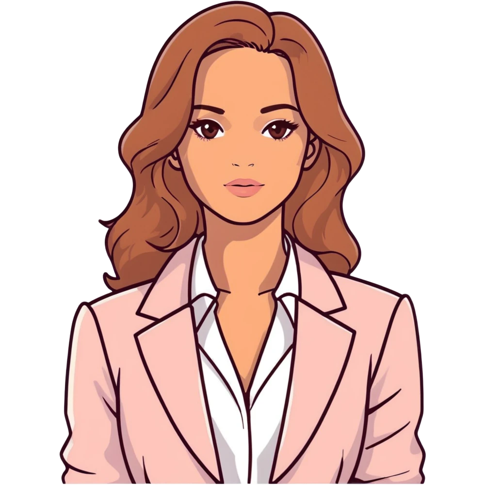A 30-year-old woman with tanned skin, light brown long wavy hair, delicate face, almond-shaped eyes with smoky foxy eye makeup, brown eyes, wearing a light pink blazer and white satin cowl neck blouse with thin straps emoji