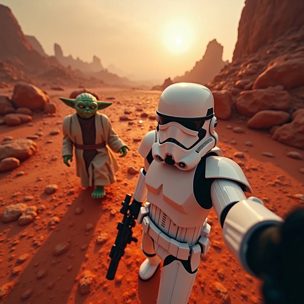 Camera POV, Starwars stormtroopers vlogging selfie, he is walking on lava planet with yoda emoji