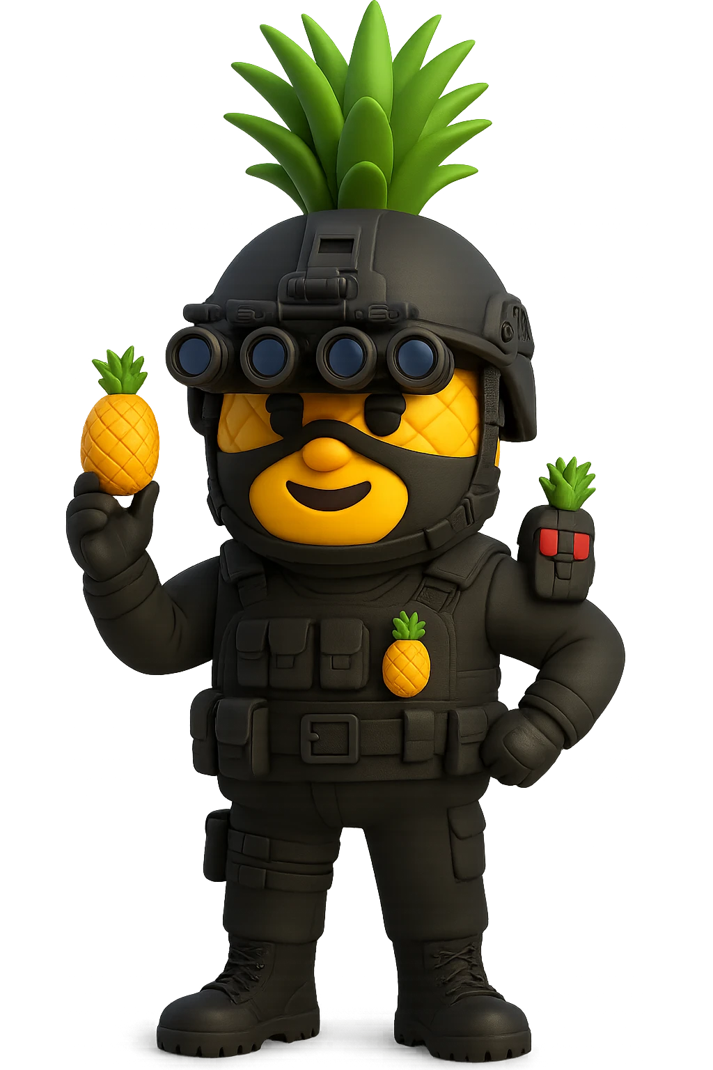Make the pineapple wear special forces gear including a tactical helmet with night vision goggles, a black tactical vest, and gloves. The background should be transparent with no background. emoji