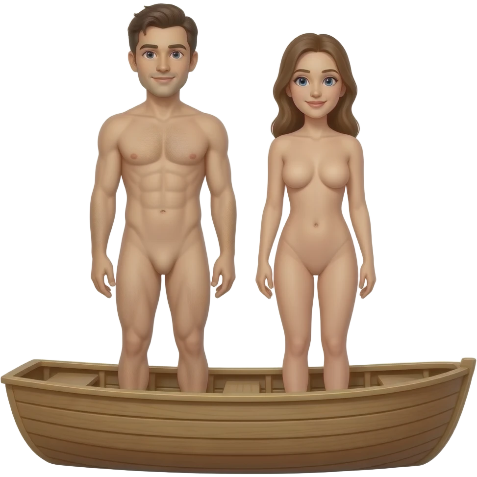 Full body image of naked, completely naked man and woman without a clothes on boat without clothes on emoji