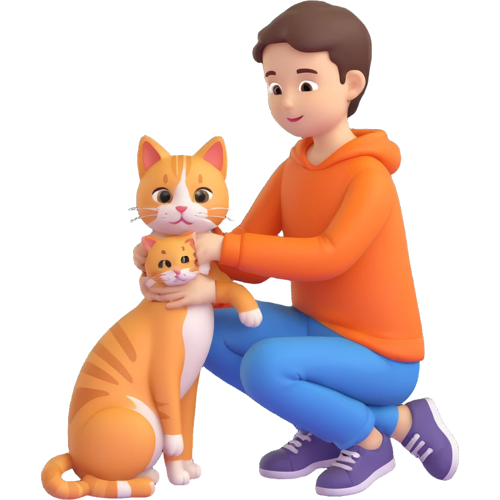 boy and cat pet in forrest background, close up pose emoji