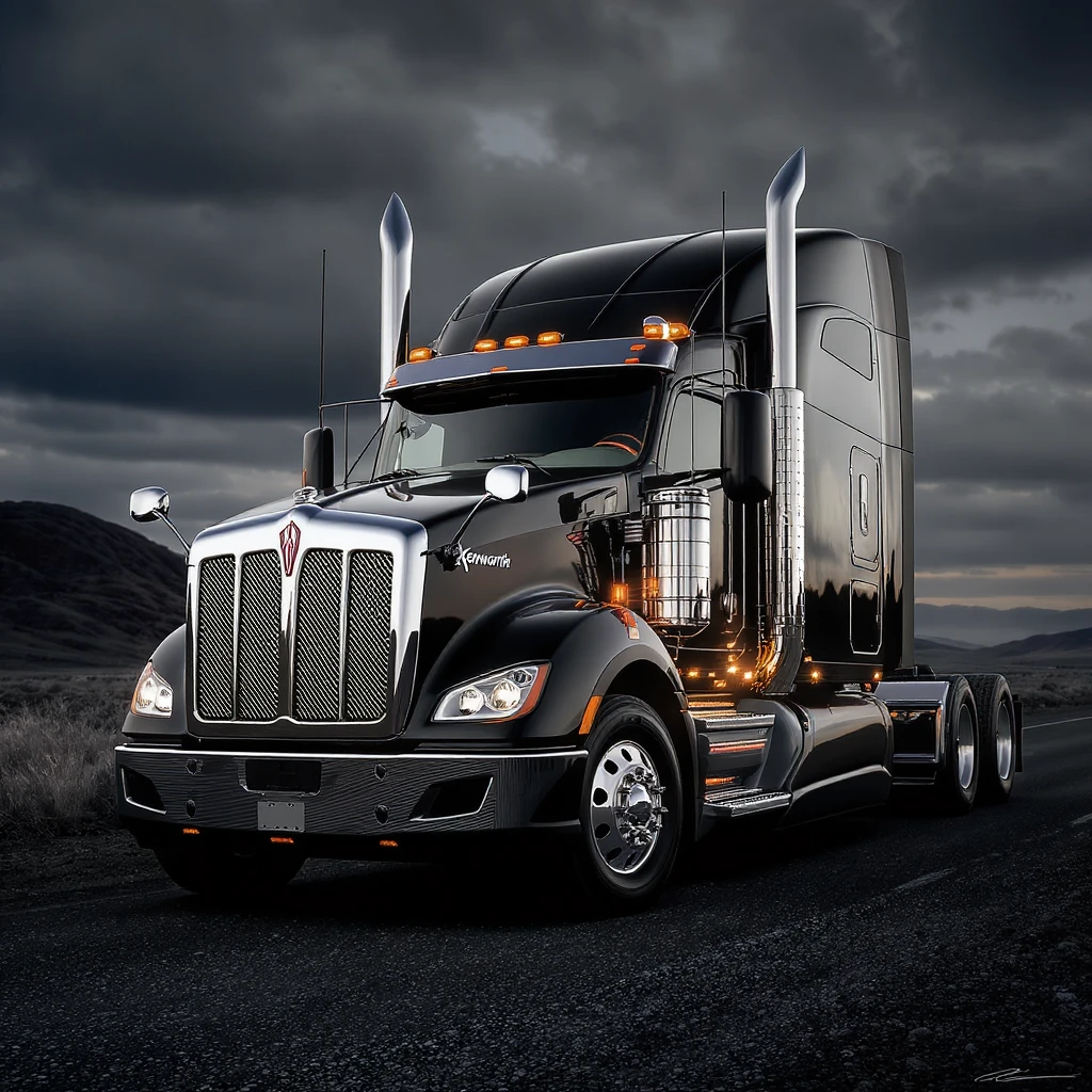 realistic 2026 black Kenworth T680 Flat Top semi truck with sleeper cab and tall chrome exhaust stacks, highly detailed, dramatic lighting, no background emoji