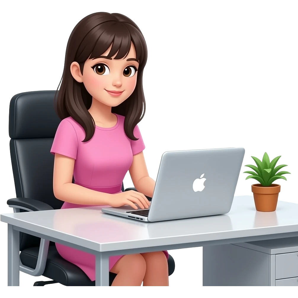 Girl with dark hair no bangs, wearing a pink dress, sitting in a office table and using MacBook emoji