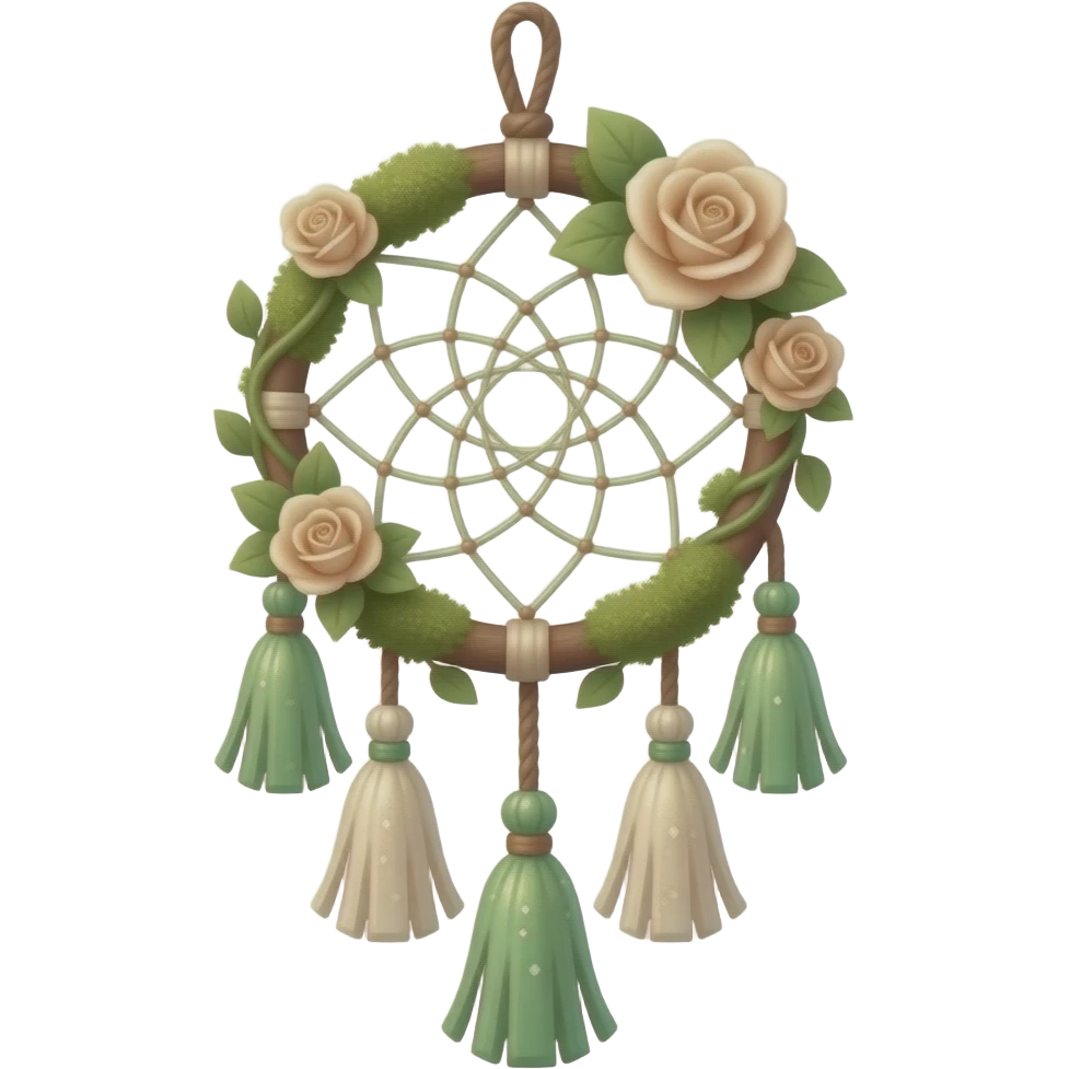 Hippie-like Cute dainty neat Pastel Green-white-brownish-beige-gradients thread-rope-hanging dreamcatcher, pastel colors, whitish, light, green academia aesthetic, mossy, with green vines and beige roses, Cottagecore, Princesscore, shiny glistening, vintage, tassels emoji