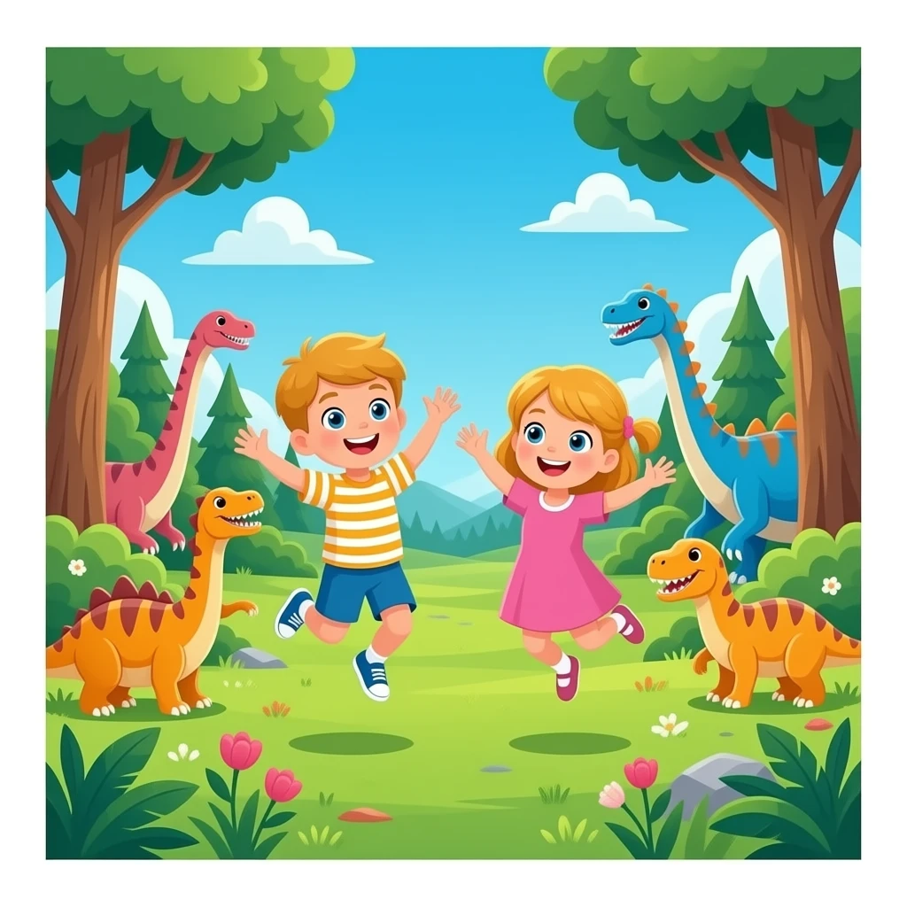 igual pero amb cabell rubio els dos nens, estan saltant en un  bosc erroific ple de dinosaures emoji