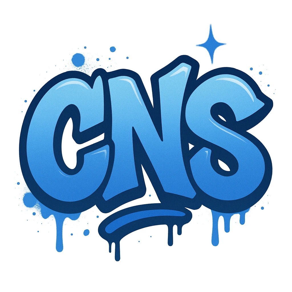 Сделай голубое граффити с надписью "CNS" в стиле emoji iOS без фона emoji