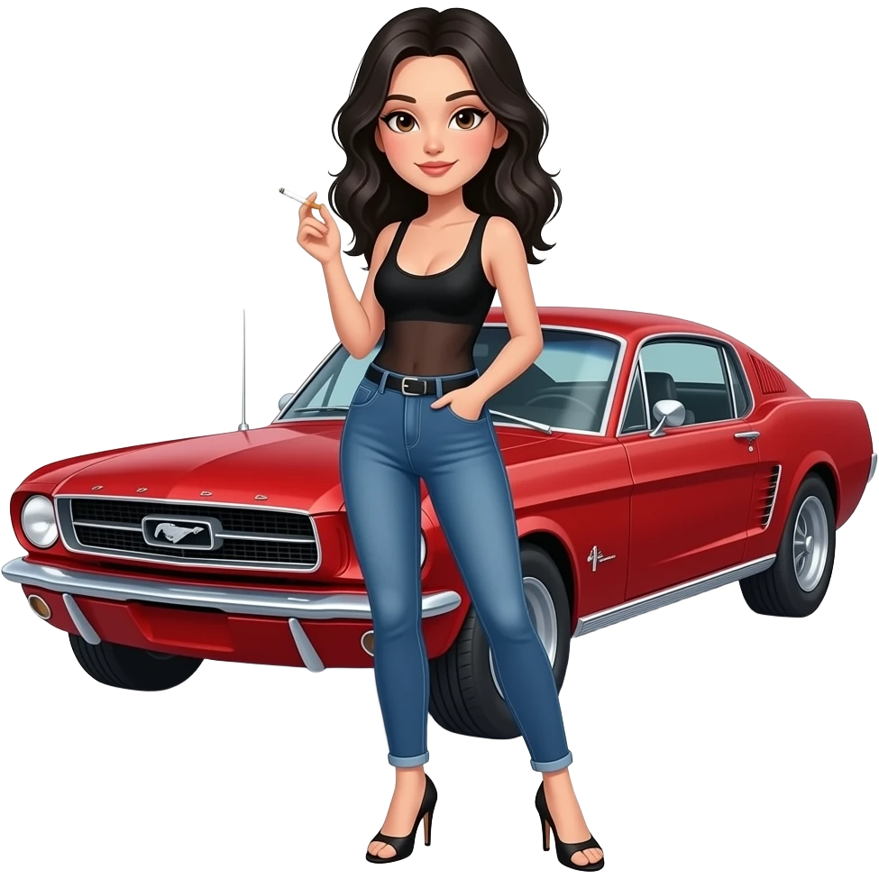 Pale girl with black wavy hair and brown eyes backed against a red ford mustang 1968 coupe. Girl wearing a sheer black sleeveless top, low rounded neckline, jeans and heels with visible toes. smoking cigarette. emoji
