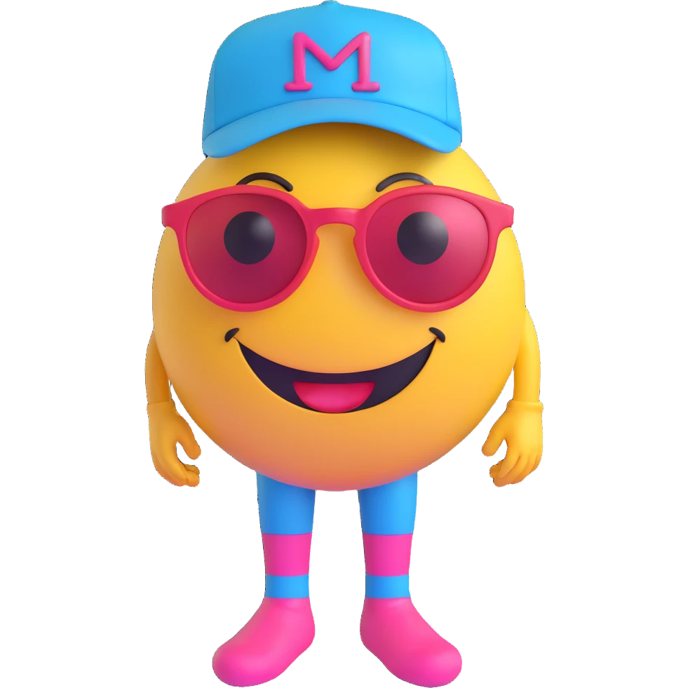 smiley face character with red and white body, pink eyes, blue sunglasses, red socks, black and yellow hat emoji