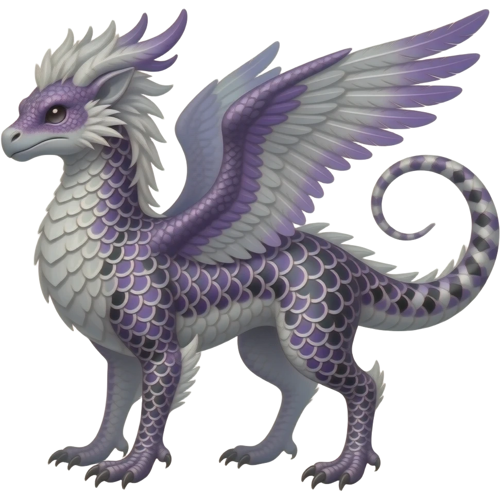 Khoi-flecks-scalespatterned majestic feathery elegant realistic stylish Furry, feathery fluffy tropical flecked painted feathery scaly, Purple, white, black, Minccino-Bambino-Lykoi-Linoone-Zangoose-fusion-hybrid-animal-Fakémon-creature, full body, thin long sleek scaly tail, intricate markings emoji