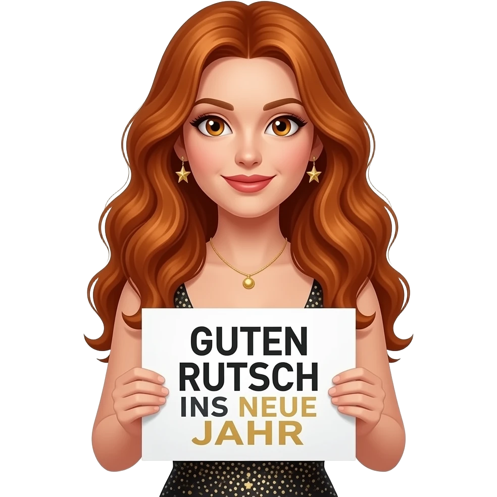 sexy girl with long wavy ginger hair and ginger eyes wearing a new years eve dress is holding a white colored sign with GUTEN RUTSCH INS NEUE JAHR written on it emoji