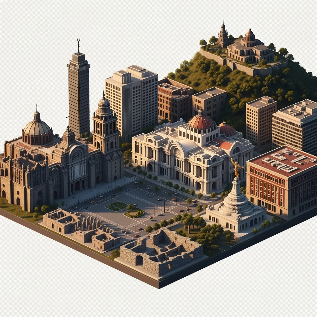 Isometric diorama of Mexico City iconic landmarks: Zócalo square with Metropolitan Cathedral, Palacio de Bellas Artes, Torre Latinoamericana, Chapultepec Castle, and Angel of Independence, atmosphere of the city 3D miniature effect and Tilt Shift effect, no cartoonish look, transparent background. emoji