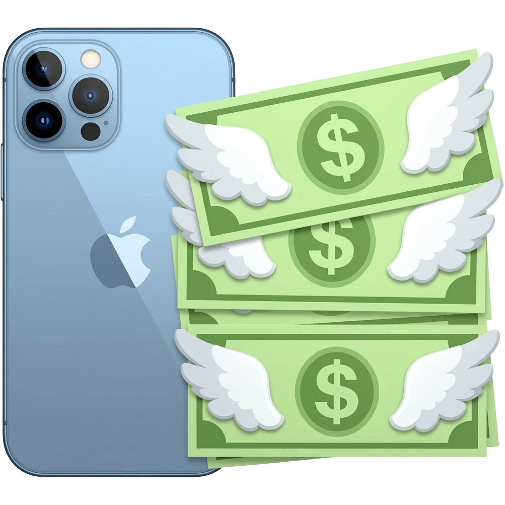 An iPhone, with four winged banknotes next to it emoji