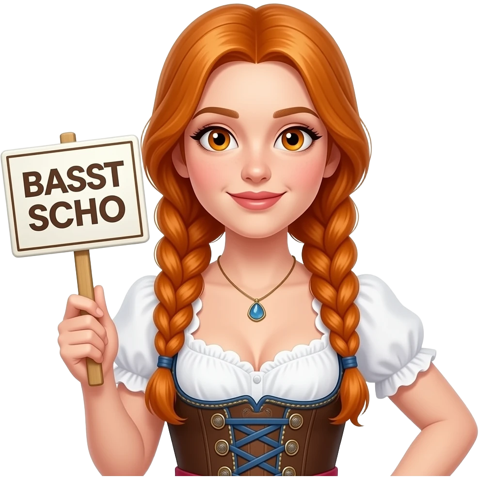 sexy girl with overlong ginger hair in braids and ginger eyes wearing a dirndl holding a BASST SCHO sign emoji