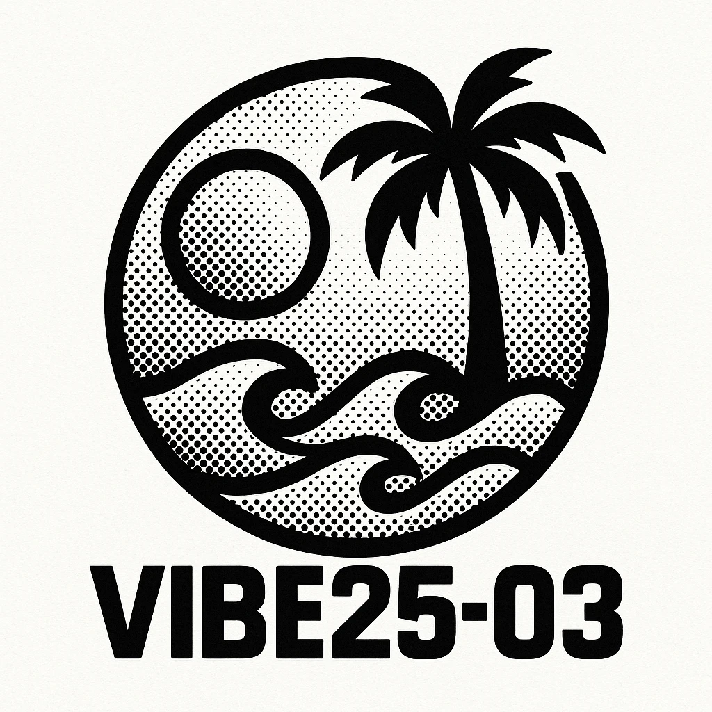 logo for VIBE25-03, black and white, retro 80's summer, bold lines, sun and waves, vintage vibe emoji
