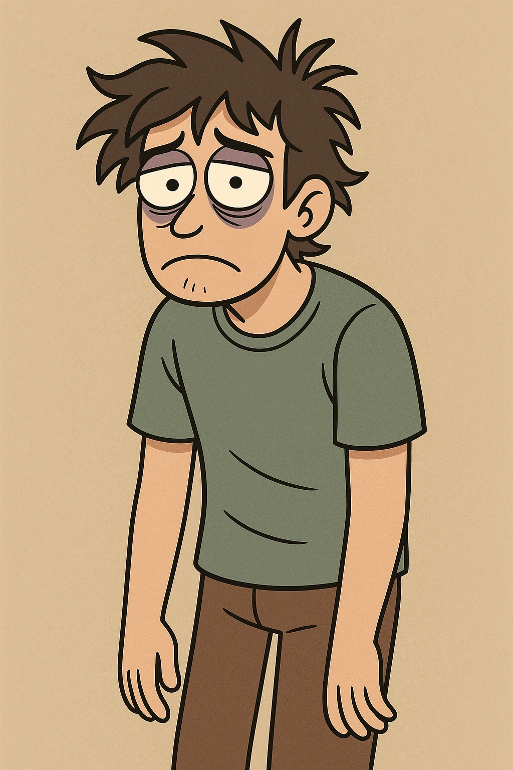 a person with messy hair and wide, sleepless eyes, casual clothes, showing exhaustion, illustrated emoji