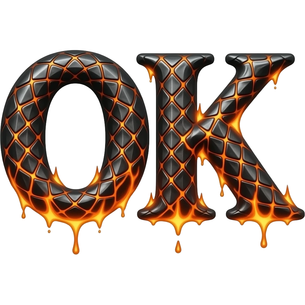 A heavy obsidian letter 'OK' with molten lava flowing through engraved draconic scales. Emitting orange embers and heat distortion. Dark fantasy aesthetic, metallic texture, dramatic shadows emoji