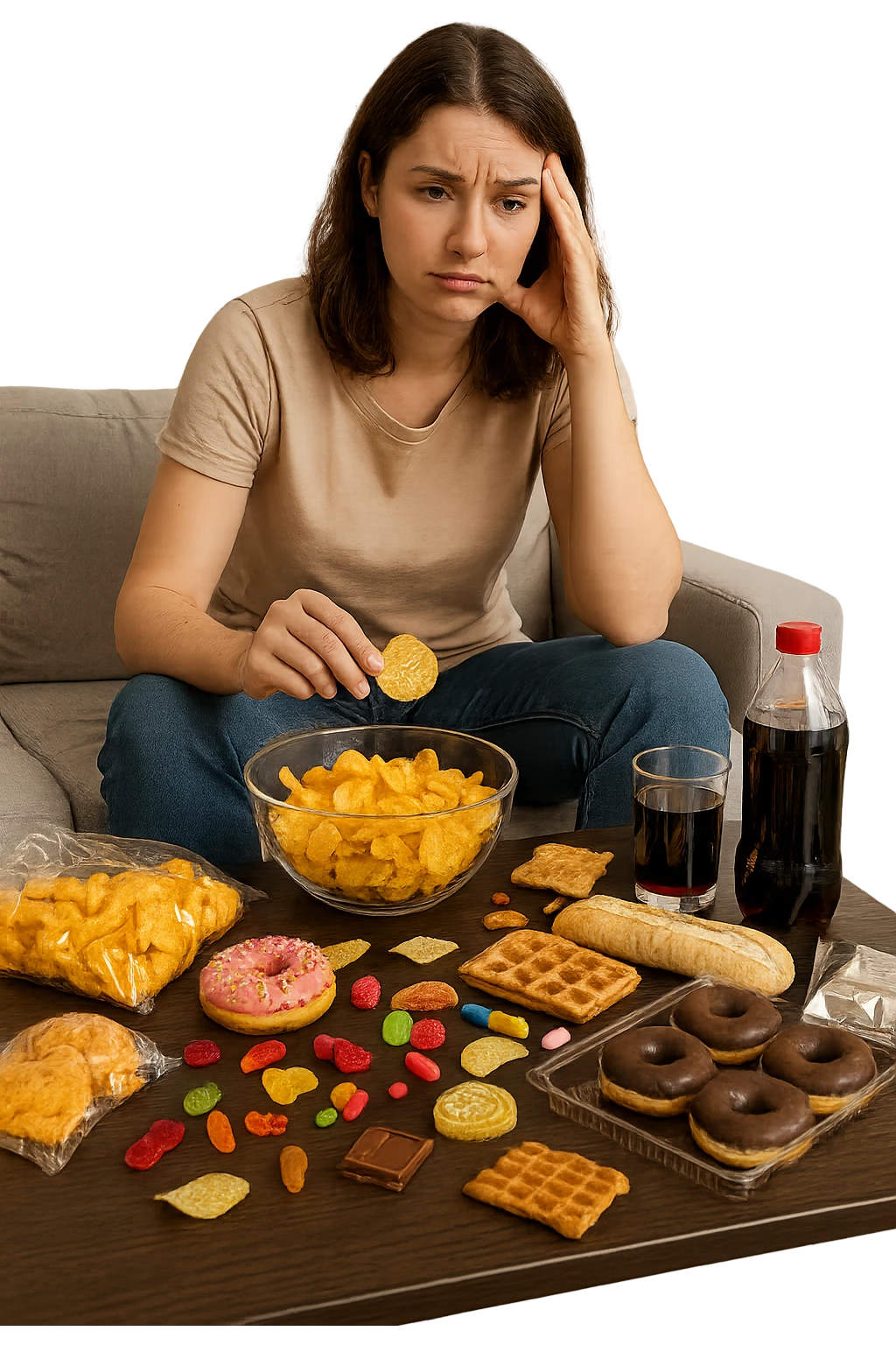 Donna tra i 25 e i 35 anni seduta sul divano o a un tavolo disordinato, circondata da cibi sparsi e poco sani: patatine, dolci, pane bianco, snack confezionati, bibite.  emoji