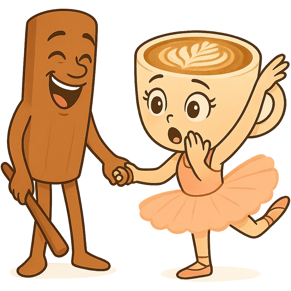Keep the same quality and chibi stickers style. Edit the characters to have different expressions: make the coffee cup character surprised and the cinnamon stick character laughing. emoji