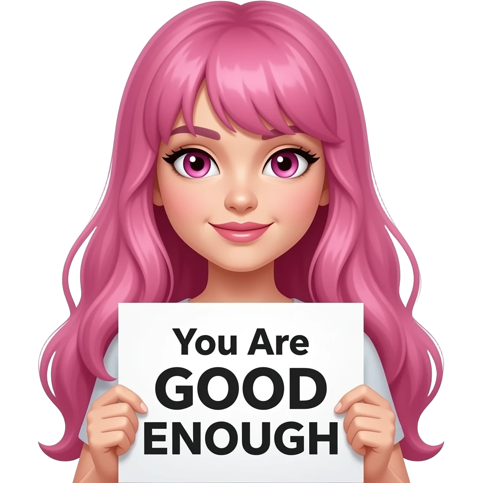 sexy girl with long pink hair and pink eyes holding You Are GOOD ENOUGH sign emoji