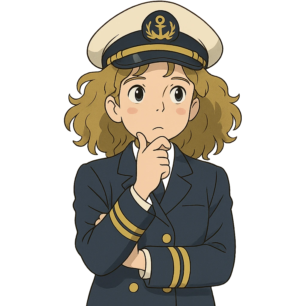ghibli style girl with curly dirty blonde hair, cruise captain outfit, thoughtful questioning pose emoji
