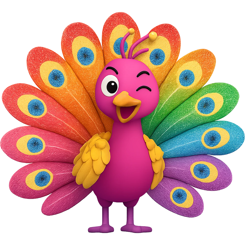 Make the proud peacock funny and flamboyantly gay, featuring rainbow feathers, glitter, and a cheeky wink, in the style of 3D emoji with no background. emoji