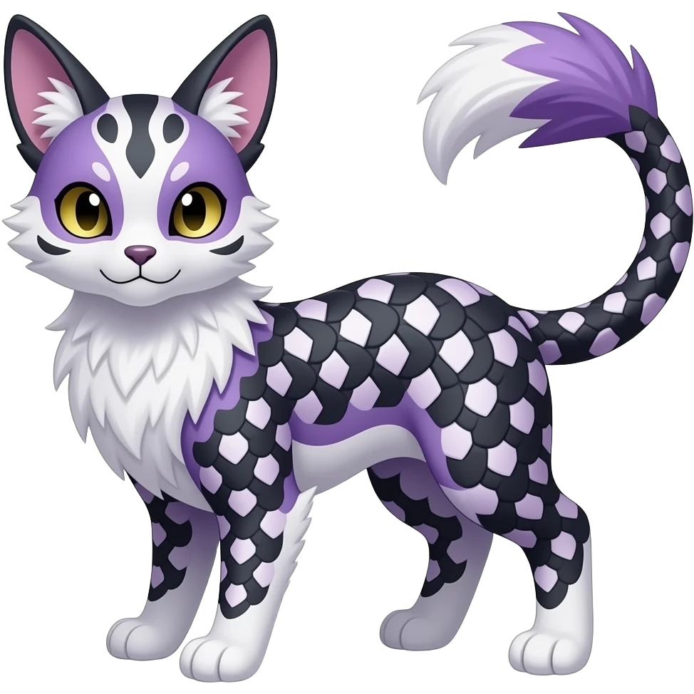 Fleur de Lis-patterned basketweave-patterned feathery elegant realistic Furry, feathery fluffy tropical flecked painted feathery scaly, Purple, white, black, Minccino-Bambino-Lykoi-Linoone-Zangoose-fusion-hybrid-animal-Fakémon-creature, full body, thin long sleek scaly tail, intricate markings emoji