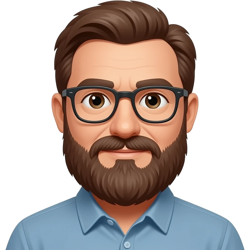 A man that is 50 years old, has an big brown beard and a smal mustash, and glasses emoji
