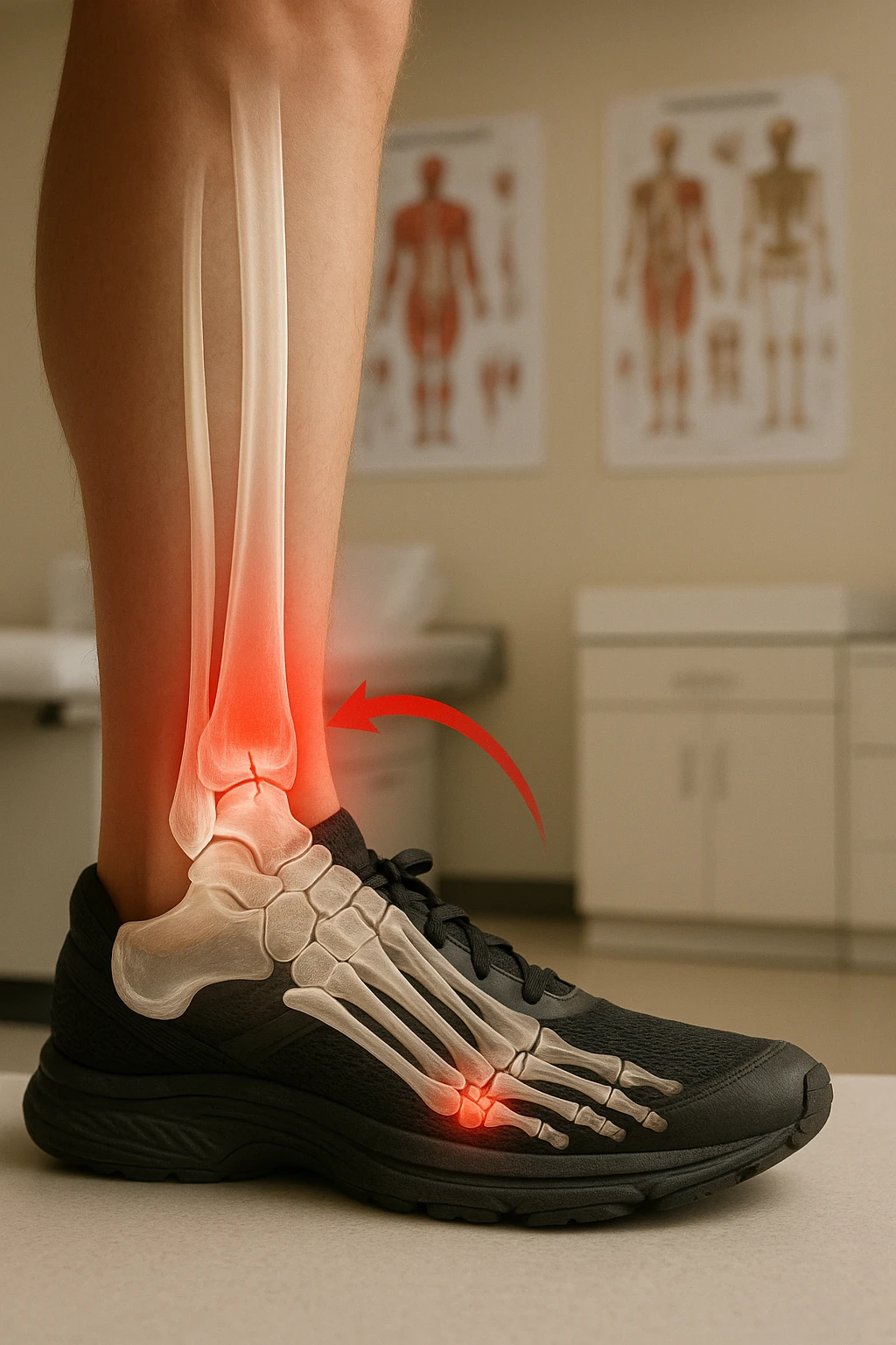 Realistic, vertical medical scene: a runner’s foot and lower leg are shown in profile, with a transparent overlay revealing a small stress fracture in the metatarsal bone. Red highlights and arrows indicate the area of pain and injury. The setting is a medical exam room, with anatomical charts in the background. emoji
