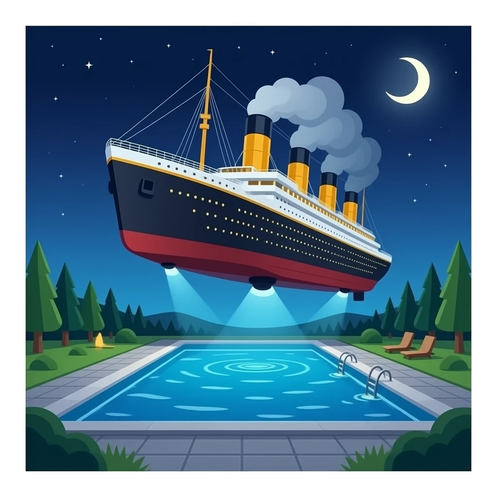 the ship Titanic hovers in the night sky above a pool of water emoji
