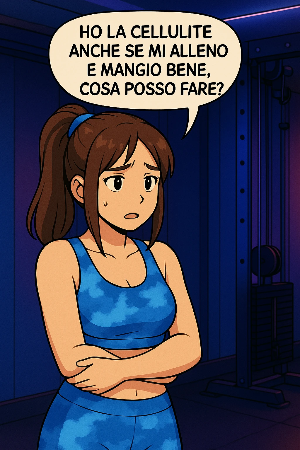 PRENDI SPUNTO DA QUESTO STILE E FAI SOLO IL PRIMO FUMETTO DETTO DA LEI, TUTTI GLI ALTRI DIALOGHI LI FA LUI:

LEI: Ho la cellulite anche se mi alleno e mangio bene, cosa posso fare?

LUI: Hai controllato il tuo baricentro corporeo?
LUI: Sapevi che se il peso del tuo corpo cade in avanti o da un lato, c’è un disallineamento fra bacino e torace, che comprimendo le coste, limita la motilità del diaframma e l’ossigenazione dei tessuti?
LUI: Il mio è il primo e unico percorso che lavora sugli inestetismi con un lavoro mirato sul baricentro corporeo. emoji