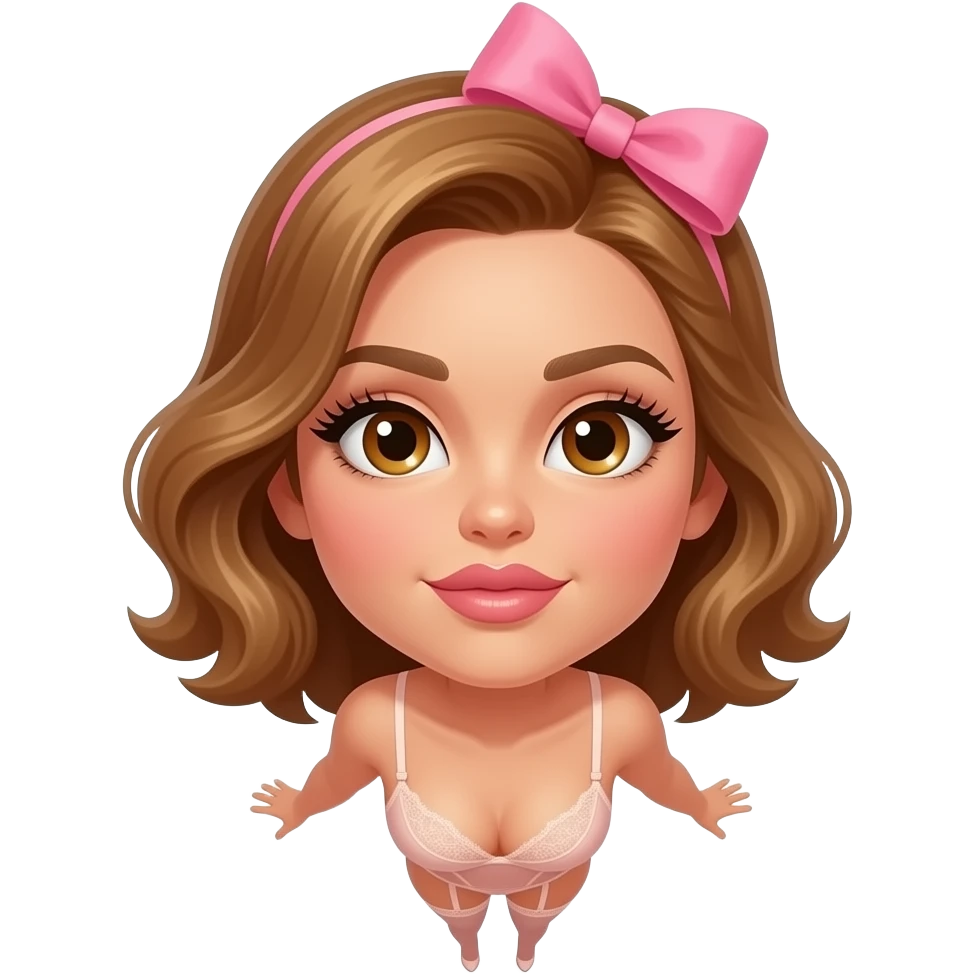 glamours,-tanned,-very-beautiful-woman-with-big-plump-rose-beige-lips,-long-lashes,-honey-silky-very short- hair,-wavy-hair,-with pink bow in hair -hazel-eyes-wearing-nude-lace-lingerie-nude-stilettos,-throwing-up- emoji