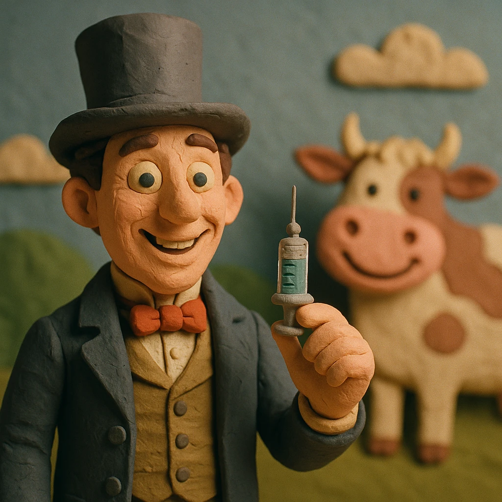 A Victorian doctor holding up a vaccination with a smiling face with a cartoon happy cow in the background emoji