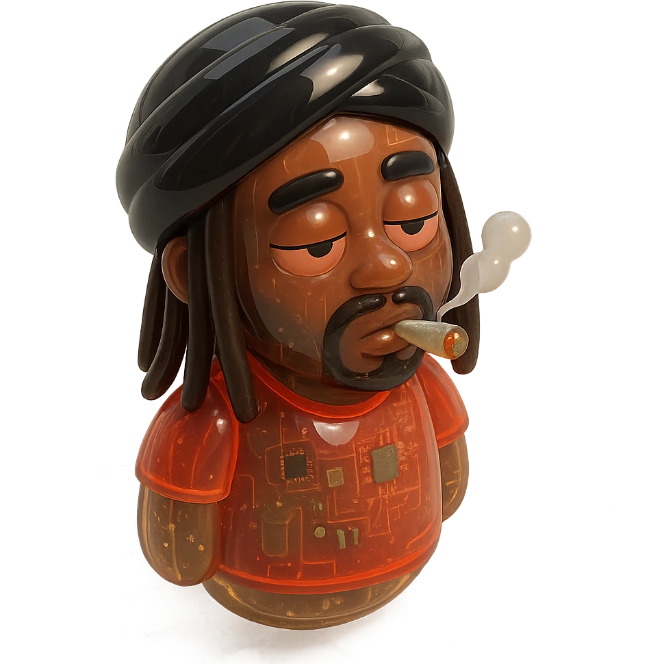Brownskin man with long brown dreadlocks 
red t-shirt 
black turban 
expression is smoking weed  emoji