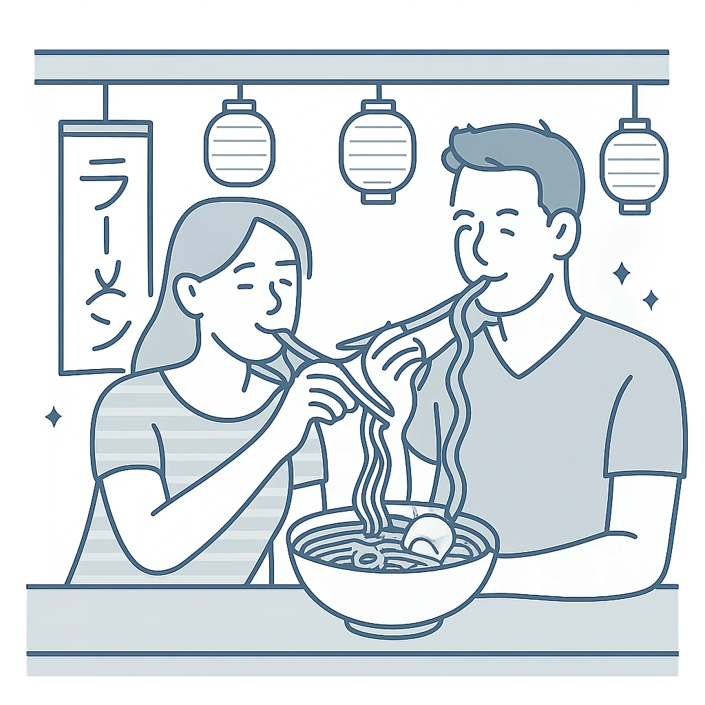 A couple sharing ramen at a cozy Japanese street cafe, simplified aesthetic with clean lines, small paper lanterns and minimal decor elements emoji