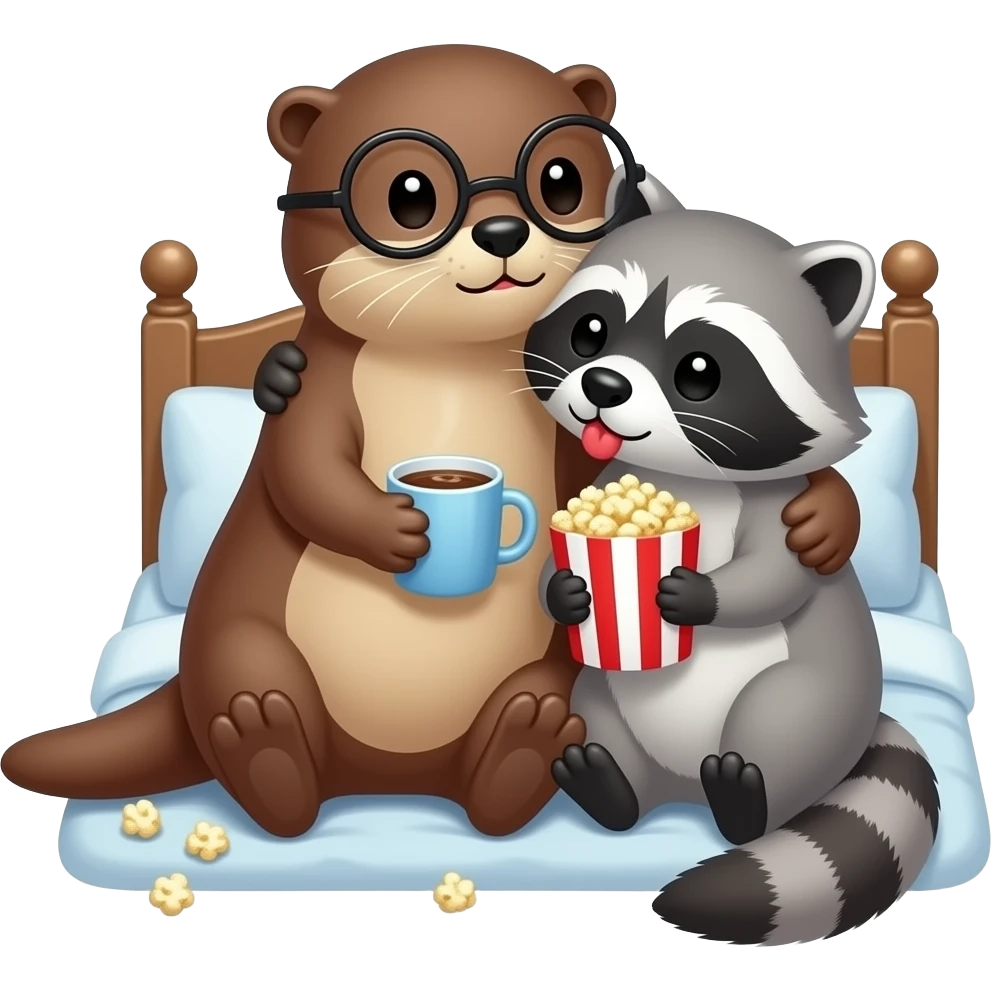 an otter with round glasses snuggling with a raccoon making a kissy face with popcorn and hot chocolate in bed emoji