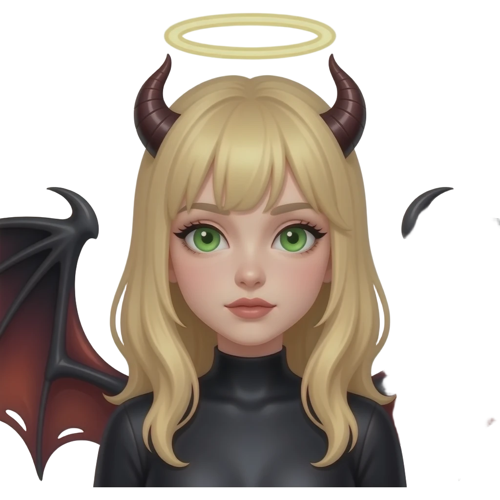 Make an emoji of a pretty, green eyes, blond hair without bangs, white girl with an angel halo, but devilish and dark everywhere else with dragon wings emoji
