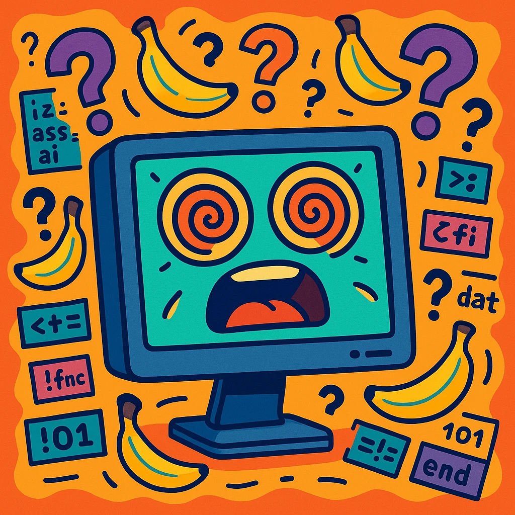 computer monitor with face, eyes spinning in spirals, floating question marks, bananas, random code snippets, colorful exaggerated comic style, representing AI confusion and madness emoji