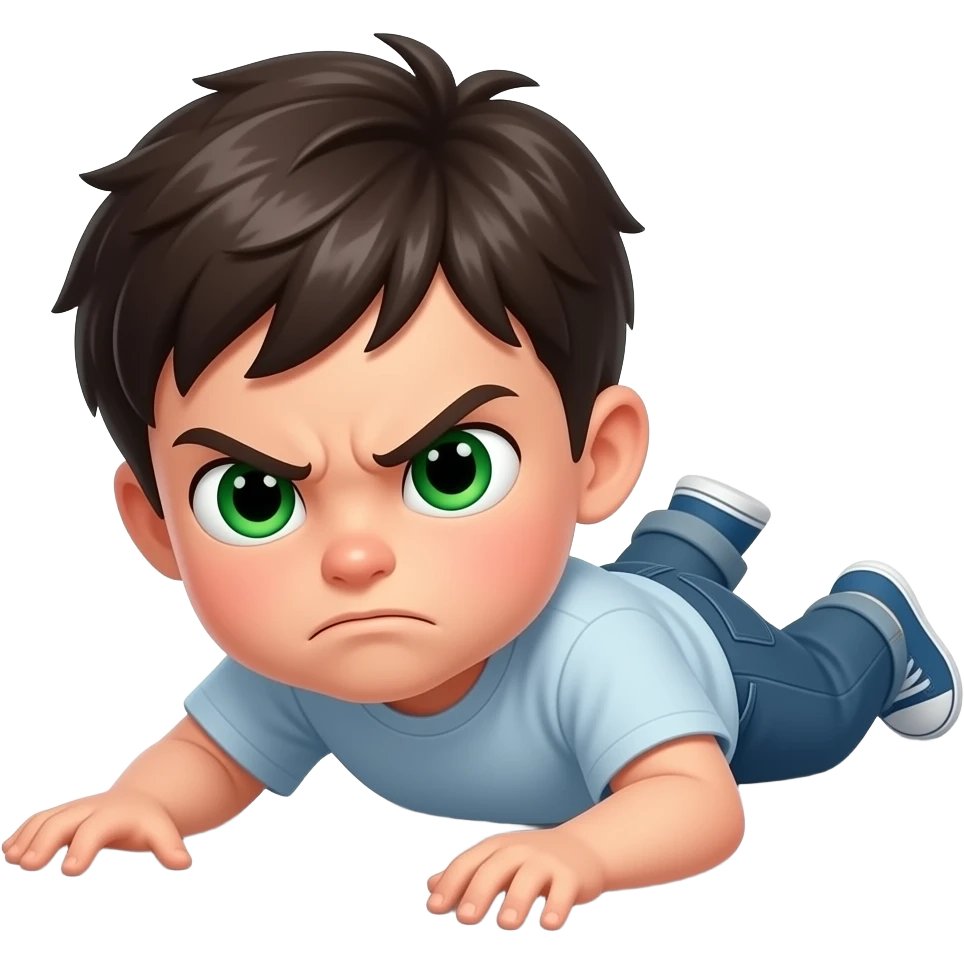 Little slim dark haïr boy with green eyes lying very angry on the floor emoji
