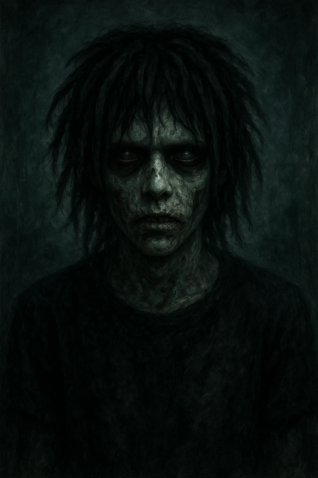spooky zombie boy with black medium-long dreads, emo and shaggy style, dark and creepy expression emoji