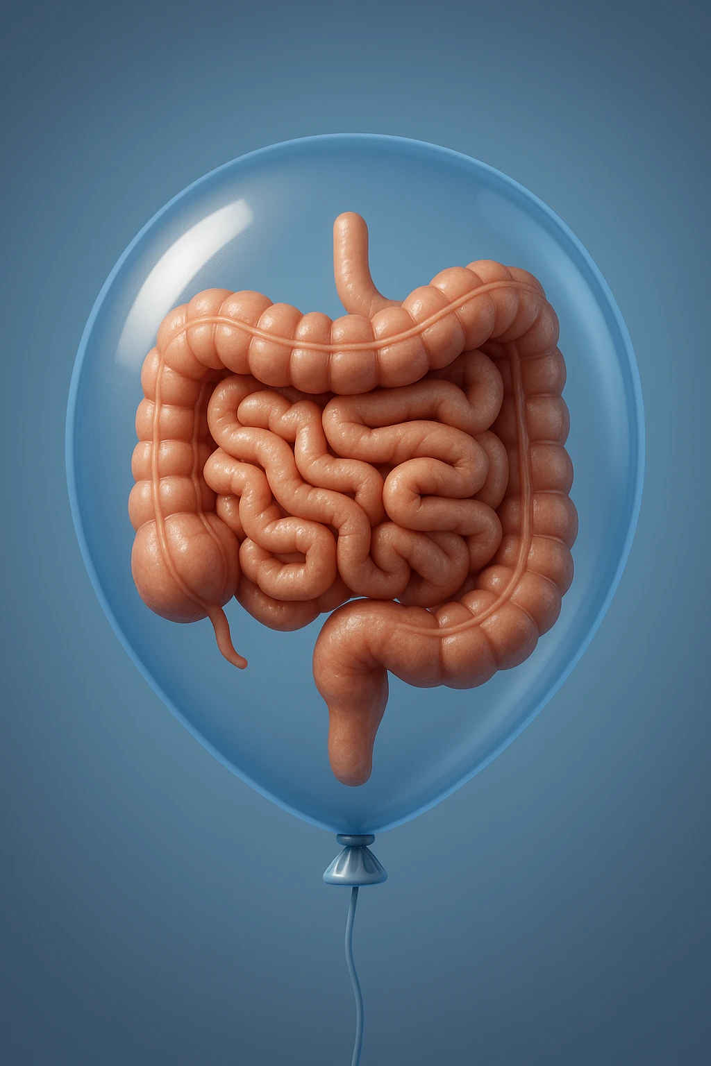 EMOJI STILE IPHONE 3D DI UN INTESTINO CHIUSO IN UN PALLONCINO CHE SIMBOLEGGIA GONFIORE, IPERREALISTICA 4K emoji