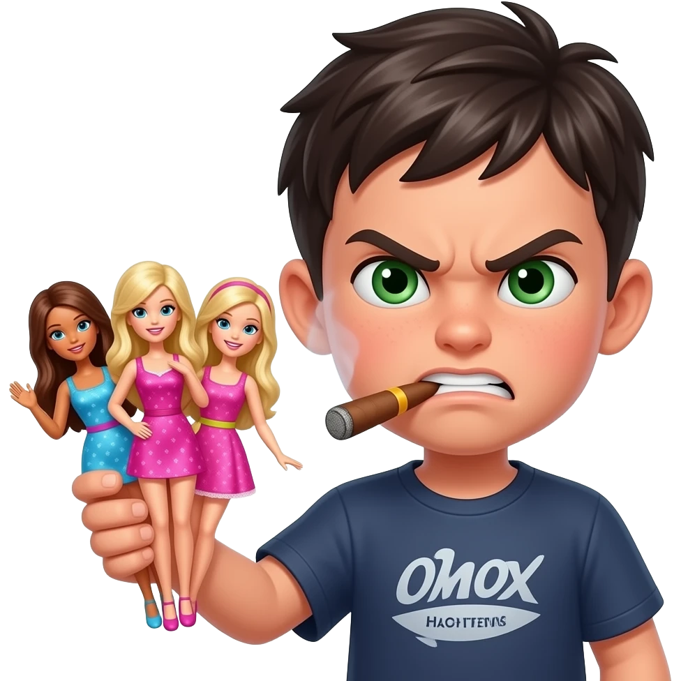 Little slim dark haïr boy with green eyes with three barbies in one Hand with very angry face and cigar emoji
