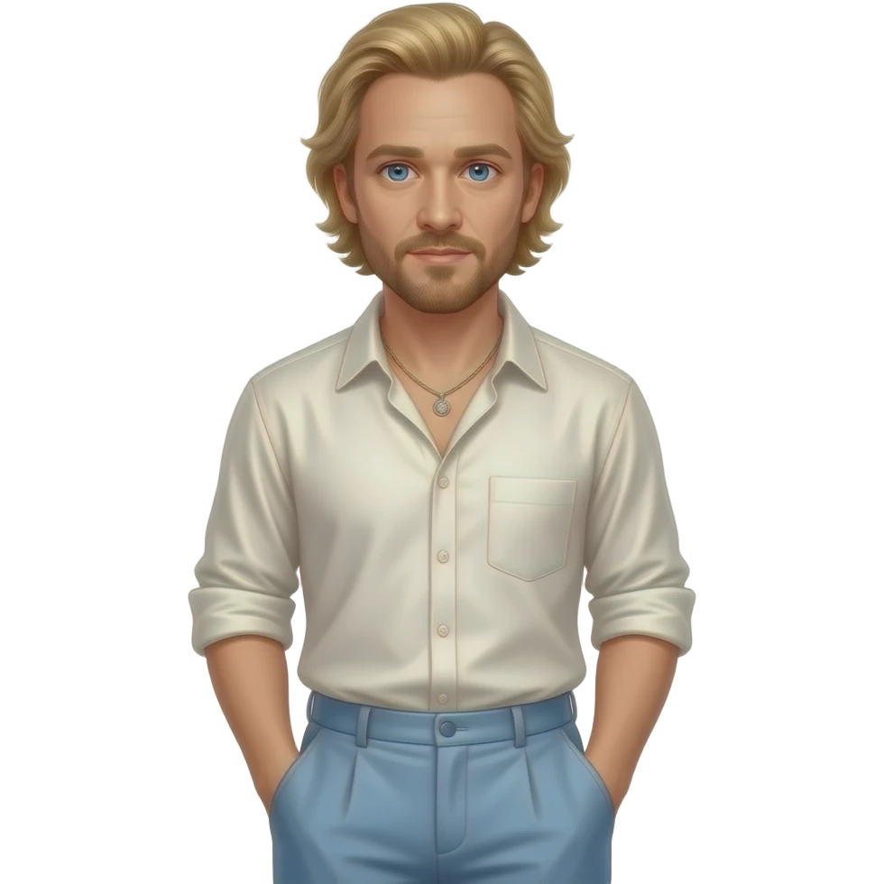 Heath Ledger with sapphire blue eyes, golden blonde hair, ivory metallic shirt, light steel blue baggy pants, necklace emoji