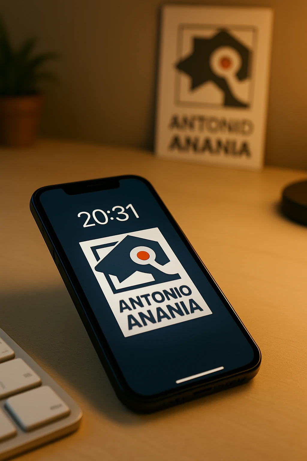 A photo of an iPhone on the desk with the message "Antonio Anania" on its screen, The phone sits atop a desk with a blurred background that suggests work environment. A faint glow from above casts gentle shadows across the surface of each object, creating depth and highlighting their textures emoji